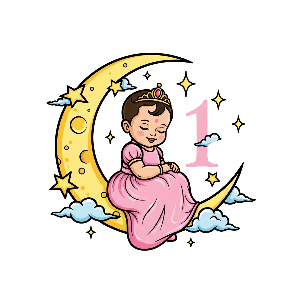 Custom design: A whimsical illustration of a baby princess Pihu in a soft pink gown, sitting gently on a crescent moon surrounded by...