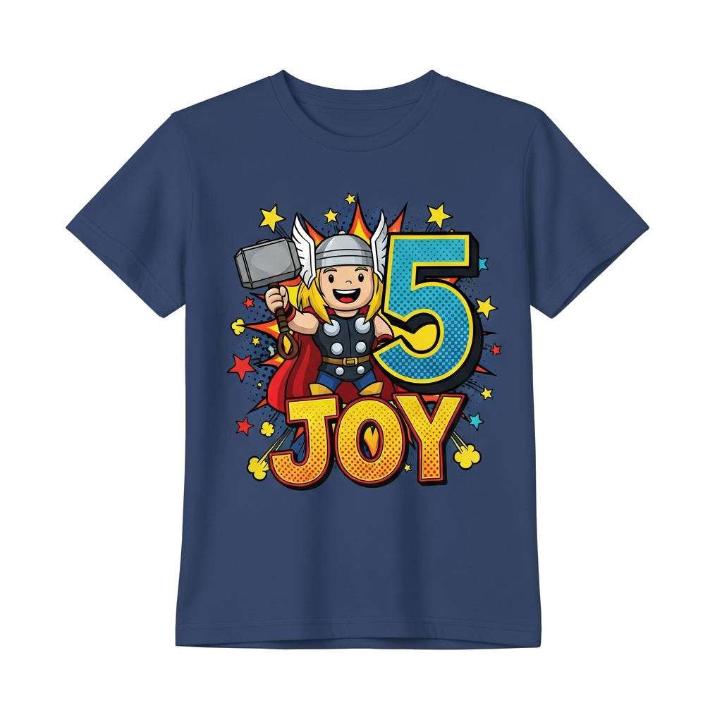 Custom design: A cheerful cartoon Thor character, holding his hammer Mjolnir, with a big '5' integrated into the design, and the nam...