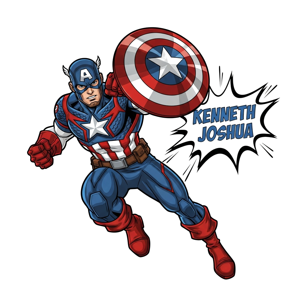 Custom design: A dynamic, cartoon-style illustration of Captain America in an action pose, with a bold shield, and the name 'Kenneth...