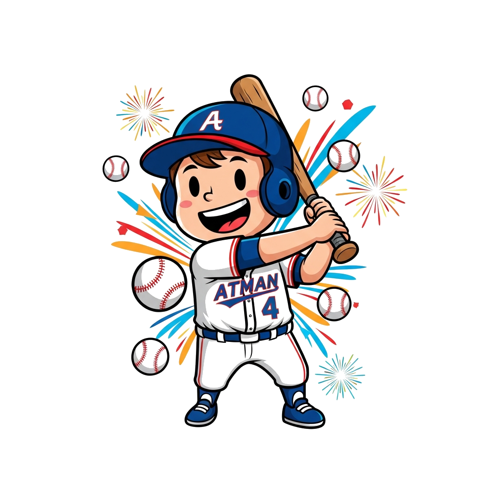 Custom design: A cheerful cartoon baseball player, a cute boy with 'Atman' on his jersey, swinging a bat with a big smile, surrounde...