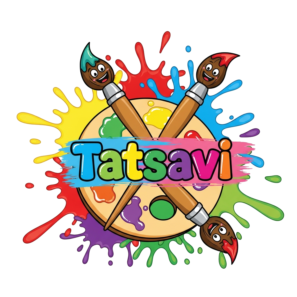 Custom design: A joyful cartoon illustration of a palette with vibrant paint splatters and brushes, forming a playful background for...