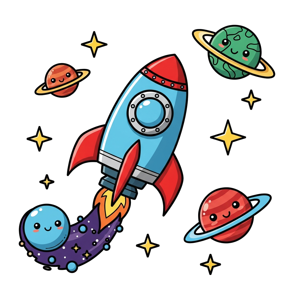 Custom design: A cute cartoon rocket ship soaring through a starry galaxy, surrounded by friendly smiling planets and twinkling star...