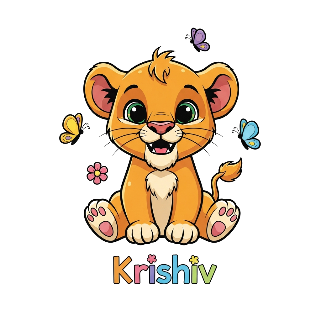 Custom design: A super cute, friendly cartoon baby lion cub with big eyes and a playful smile, sitting happily amidst a few colorful...