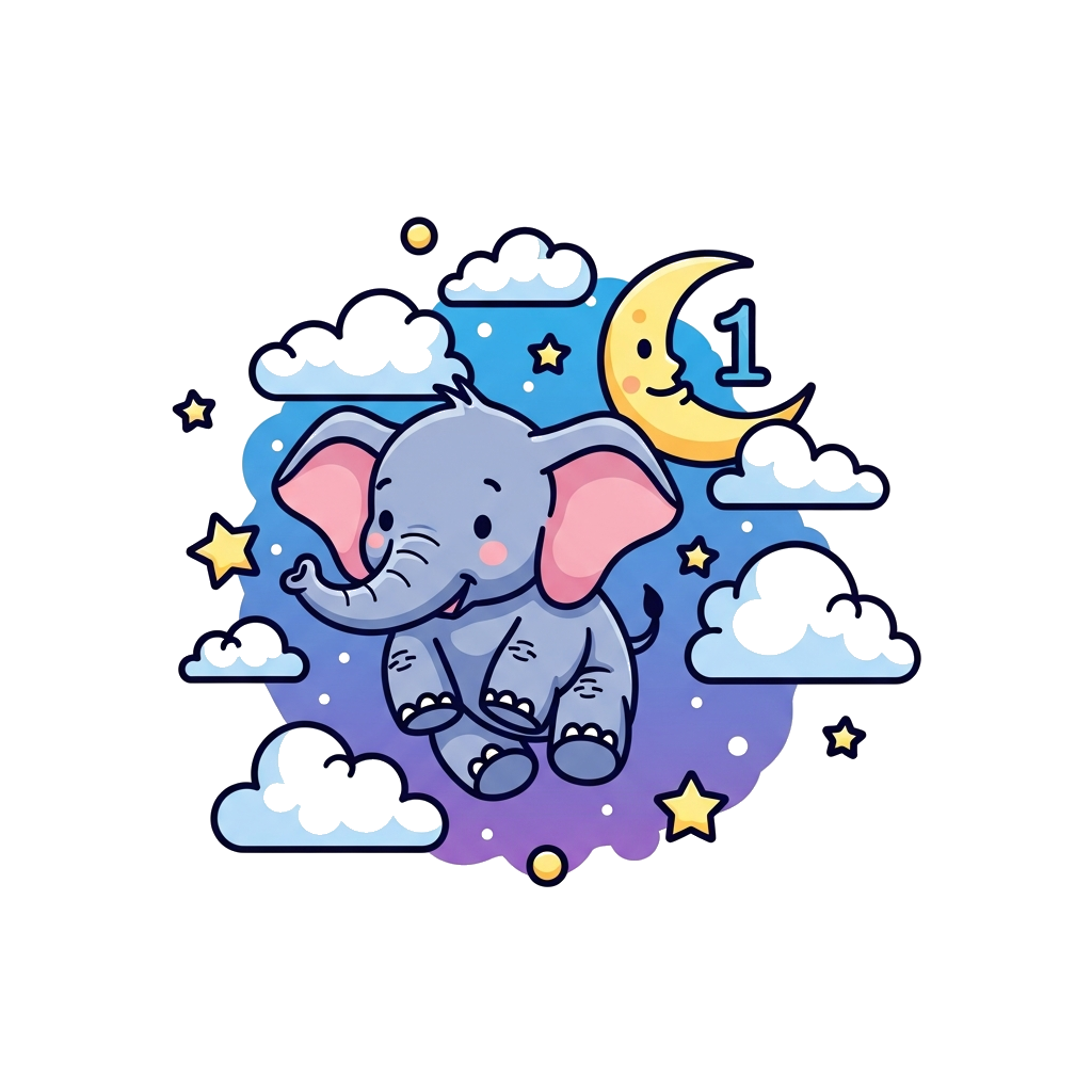 Custom design: A gentle watercolor illustration of a baby elephant floating among soft clouds and stars in a dreamy blue and purple ...