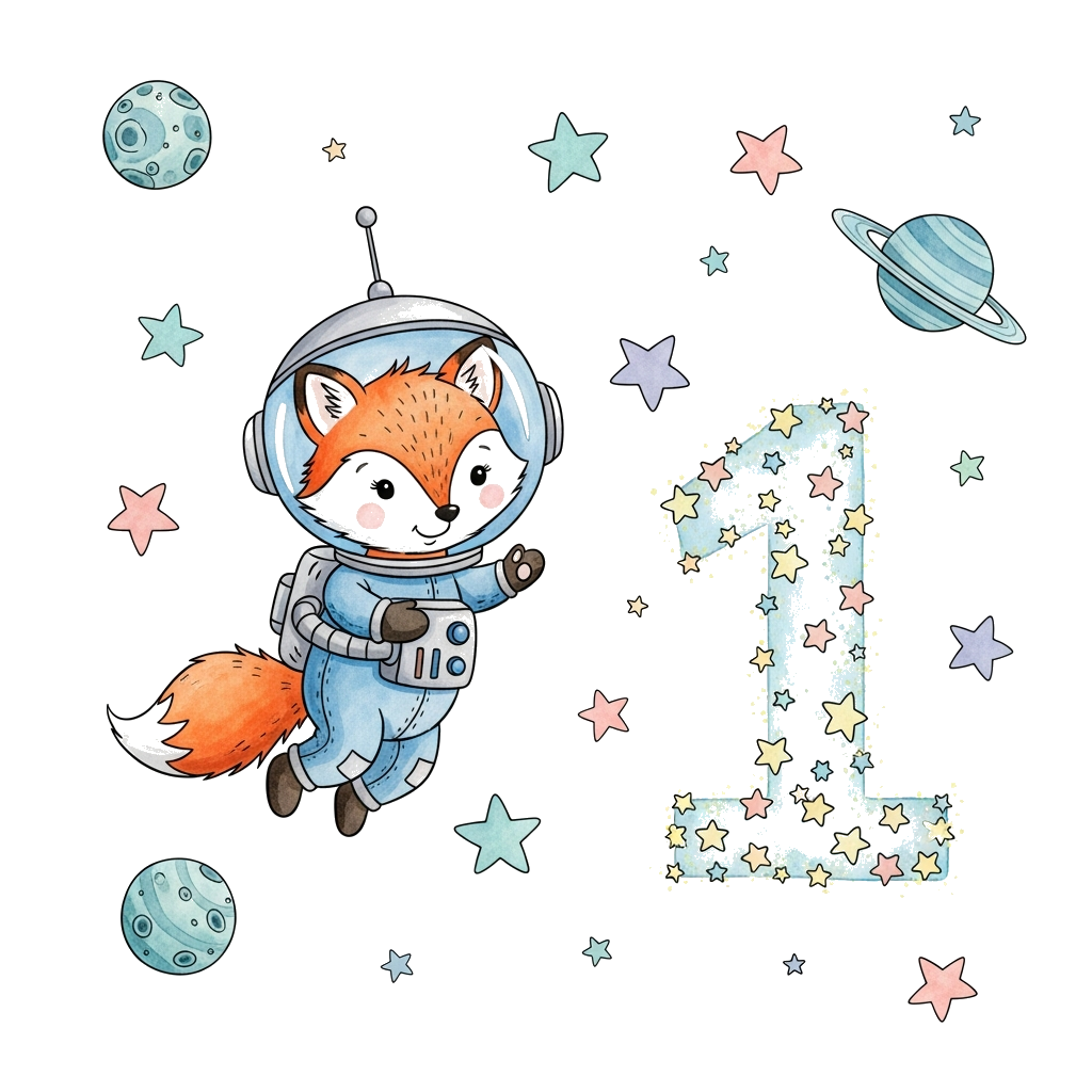 Custom design: A whimsical watercolor illustration of a baby fox astronaut gently floating through a galaxy of soft pastel stars and...