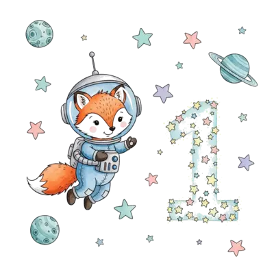 Design: A whimsical watercolor illustration of a baby fox astronaut gently floating t...