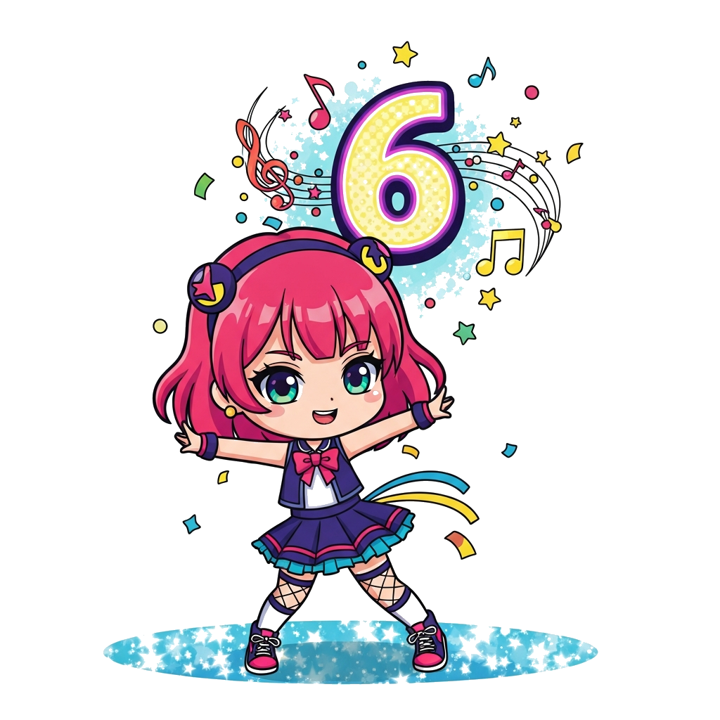 Custom design: A cute chibi-style anime girl (inspired by HunterX characters) in a vibrant K-Pop idol outfit, striking a dynamic dan...