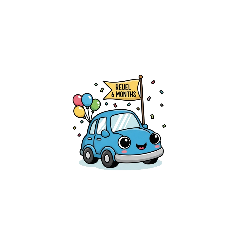 Custom design: A super cute cartoon blue car with big friendly eyes, carrying a small flag that says "Reuel 6 Months". The car is su...