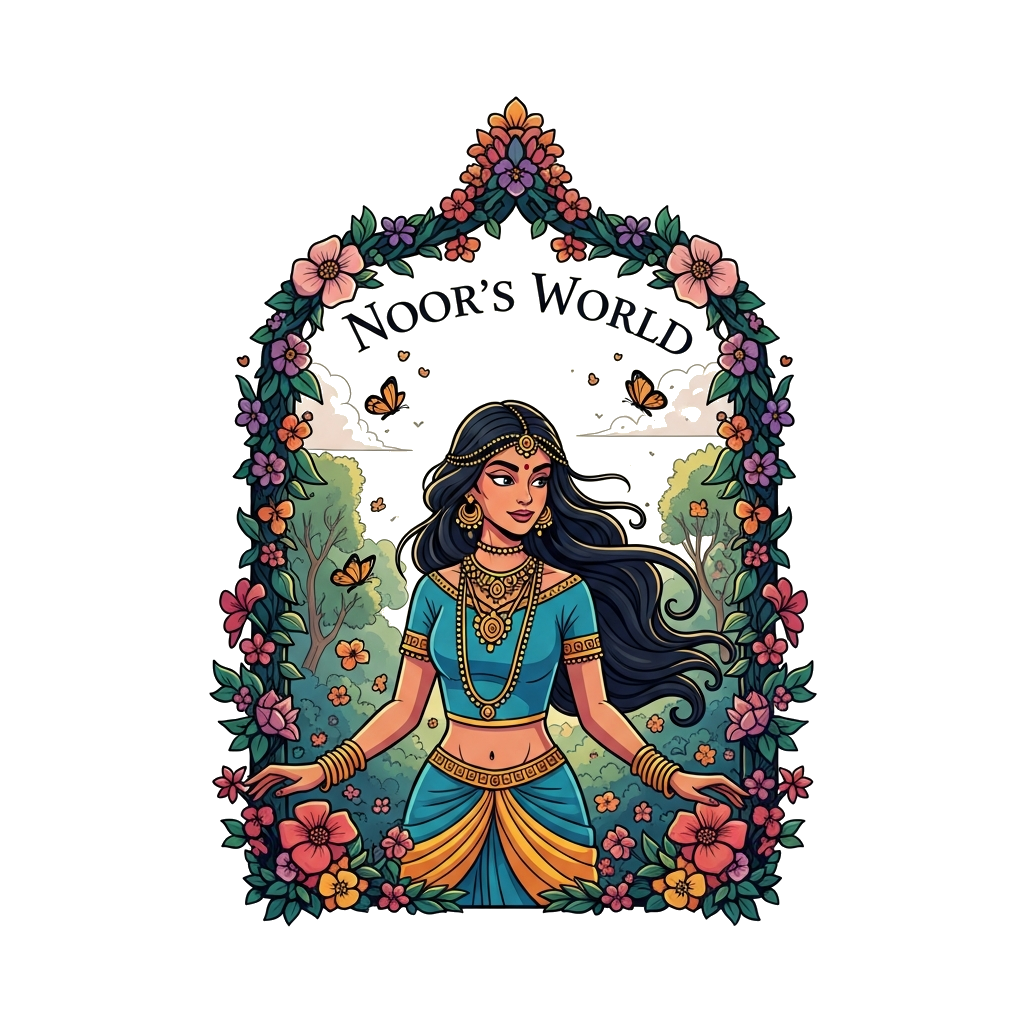 Custom design: A highly detailed and elegant illustration of a graceful Indian princess with flowing dark hair and intricate gold je...