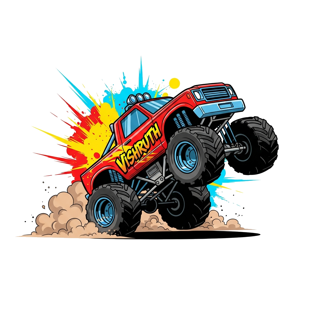 Custom design: A bold and cool monster truck doing a wheelie, with 'Vishruth' in a powerful, graffiti-style font on its side, vibran...