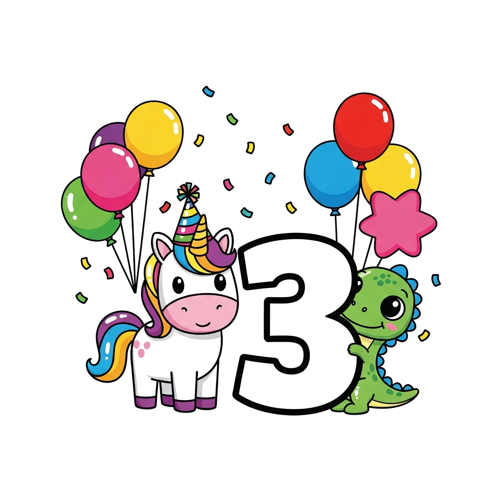 Custom design: A cute cartoon unicorn wearing a party hat, standing next to a big number '3', surrounded by colorful balloons and co...