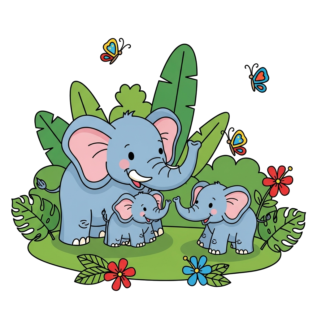Custom design: A charming cartoon illustration of a happy elephant family (mama, papa, and baby elephant) playing together in a lush...