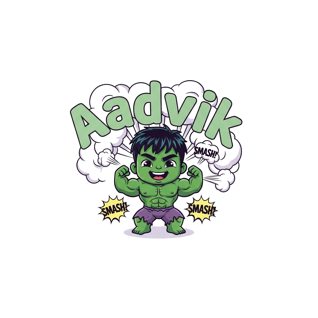 Custom design: A cute, chibi-style baby Hulk flexing his tiny muscles, with a playful smile, surrounded by small, soft-colored comic...