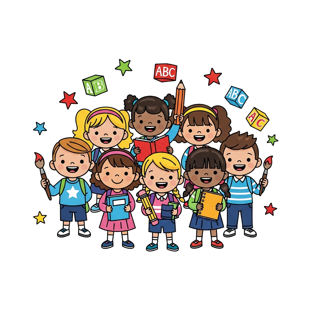 Custom design: A cheerful group of diverse cartoon kids, each holding a different school item like a book, a pencil, or a paintbrush...