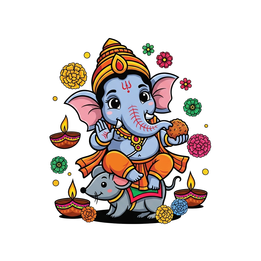 Custom design: A cute cartoon Lord Ganesha, with big friendly eyes, playfully holding a laddoo and riding his mouse, surrounded by c...