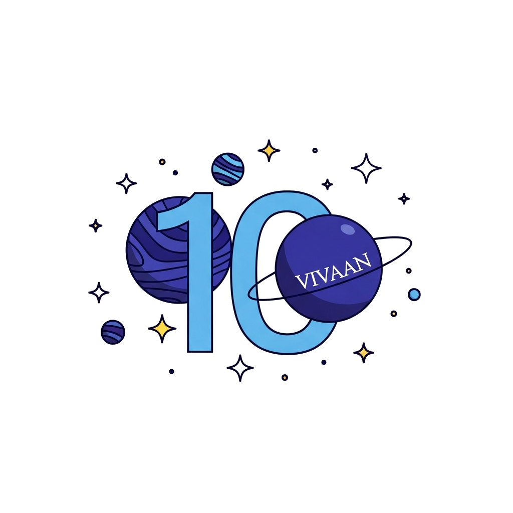 Custom design: A minimalist and modern cosmic scene with clean lines depicting abstract planets, stars, and a sleek number '10'. The...