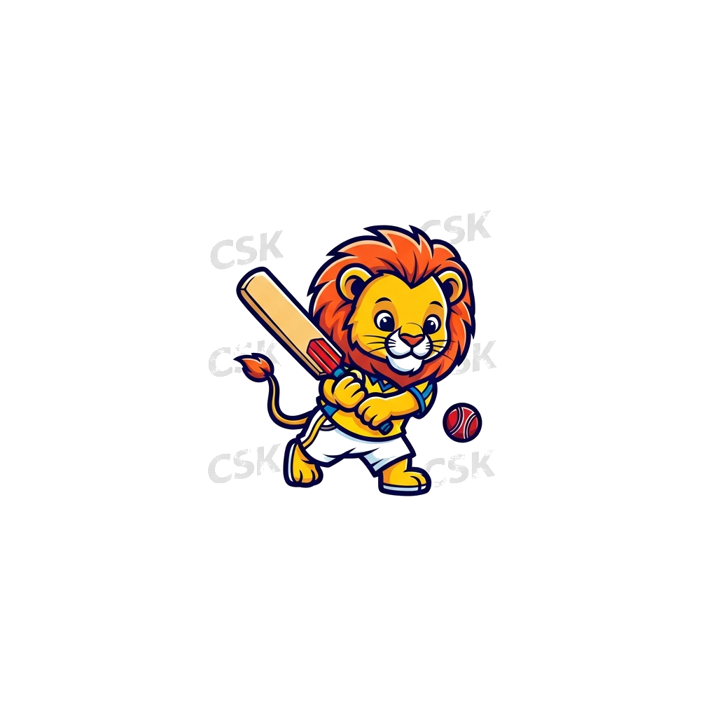 Custom design: A cute cartoon baby lion (CSK mascot) playing cricket with a bat and ball, wearing a tiny yellow jersey, in a playful...