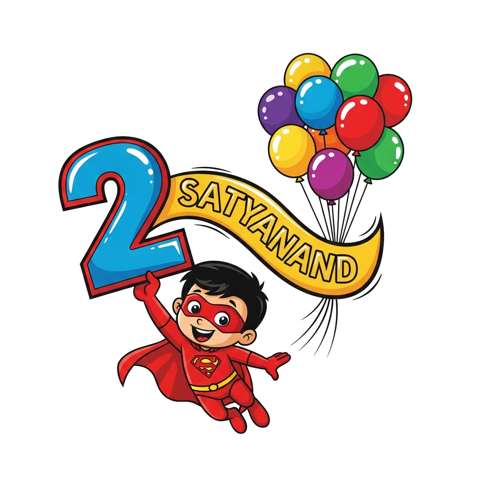 Custom design: A cheerful cartoon Super Chitti character flying with a big, shiny number '2' and colorful birthday balloons, with th...