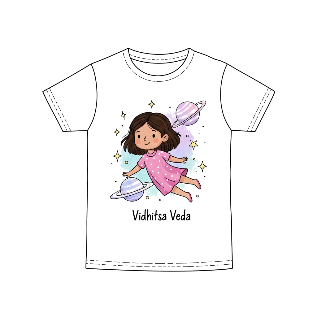 Custom design: A whimsical watercolor illustration of a little girl, Vidhitsa Veda, floating gently among pastel planets and twinkli...