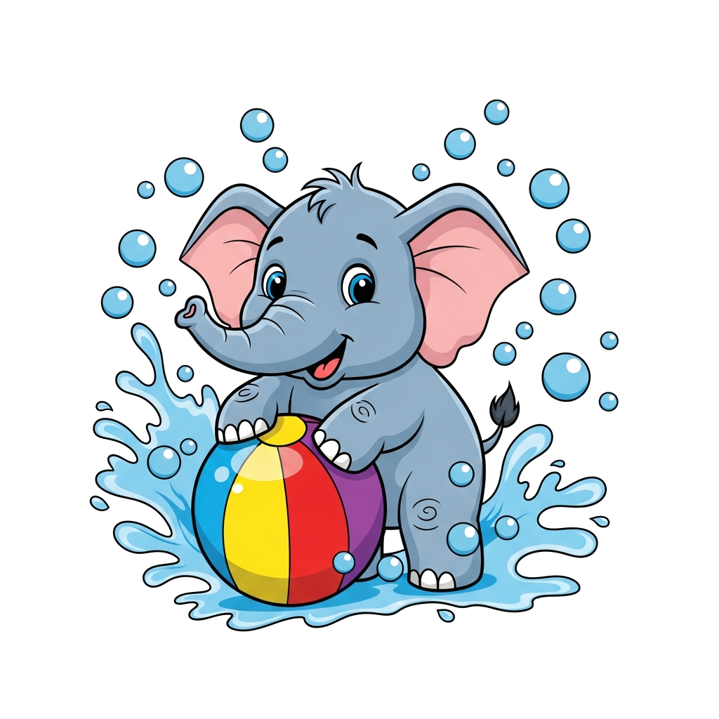 Custom design: A cute, cheerful baby elephant cartoon character playing with a colorful ball, surrounded by playful splashes and bub...
