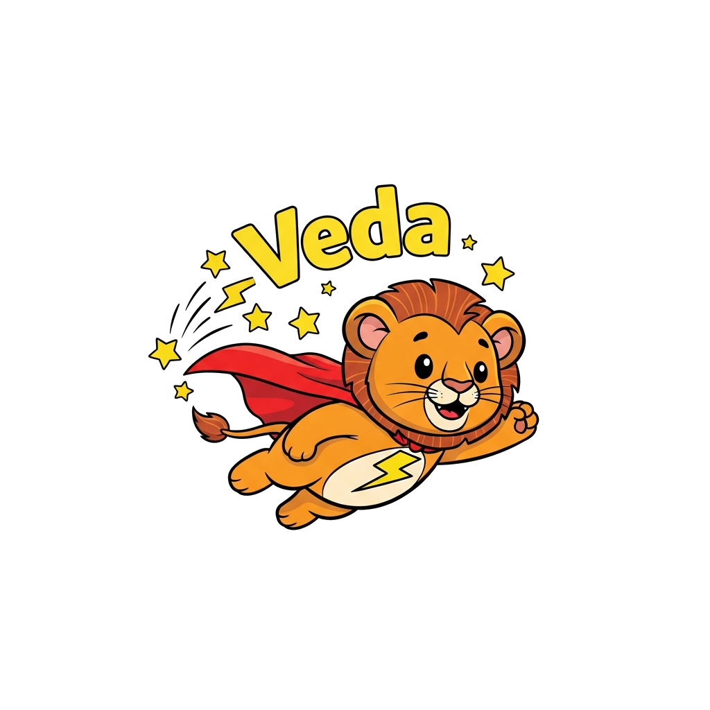 Custom design: A super cute cartoon lion cub dressed as a superhero, flying through a starry sky with a tiny cape, a lightning bolt ...