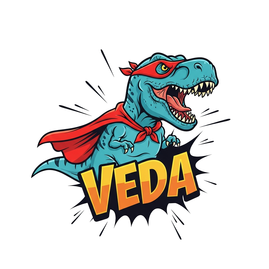 Custom design: A cool T-Rex dinosaur wearing a superhero cape and mask, roaring with a determined expression, with the name 'Veda' i...