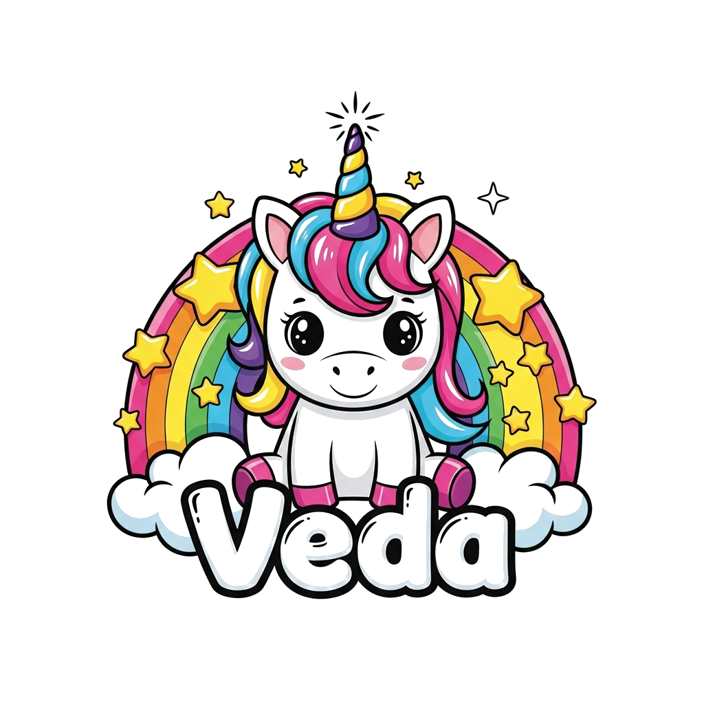 Custom design: A charming, cute cartoon baby unicorn with a sparkling horn, surrounded by rainbow stars and clouds, with the name 'V...