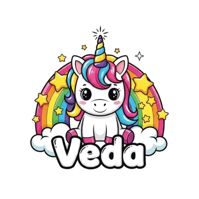 Design: A charming, cute cartoon baby unicorn with a sparkling horn, surrounded by ra...
