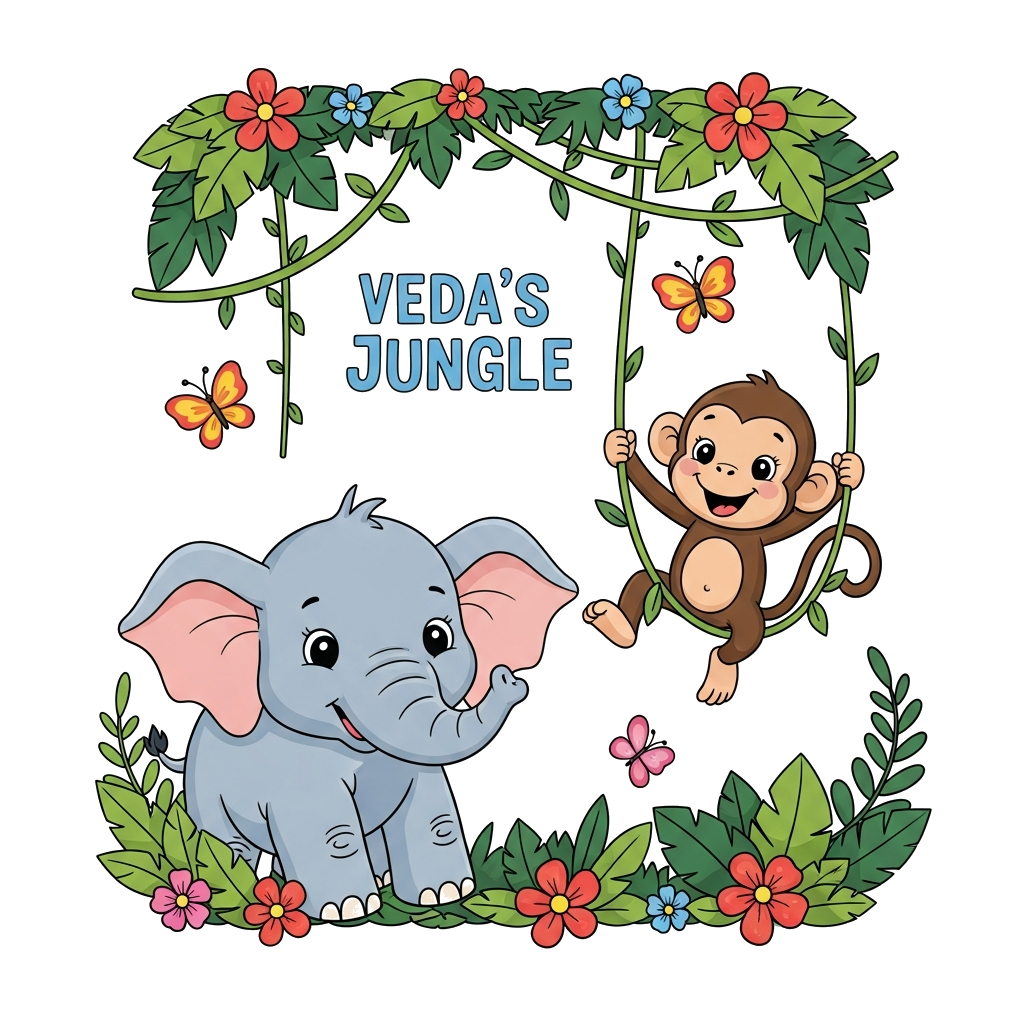 Custom design: A cute cartoon baby elephant and a playful baby monkey swinging on vines in a lush, vibrant jungle scene, with colorf...
