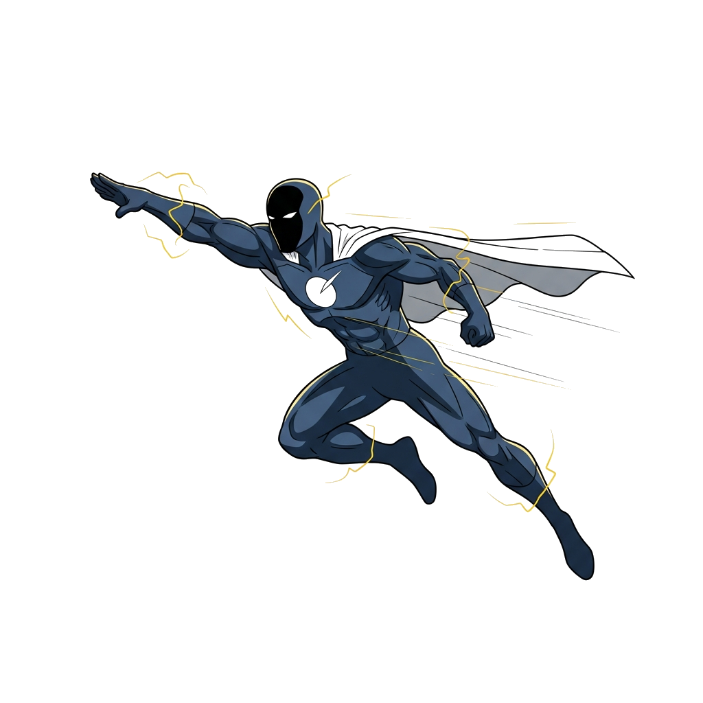 Custom design: A sleek, minimalist illustration of a dynamic superhero silhouette mid-action, with subtle anime-inspired line art de...