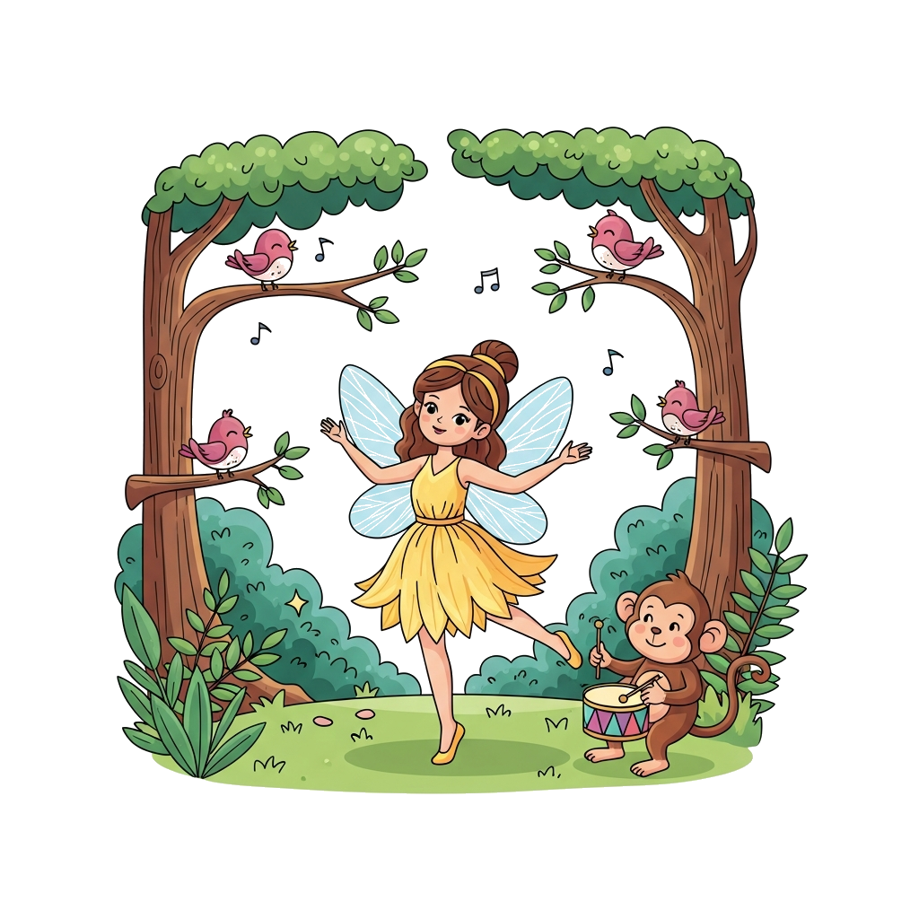 Custom design: A whimsical illustration of a graceful cartoon fairy dancing amidst a lush, magical forest, with adorable birds singi...