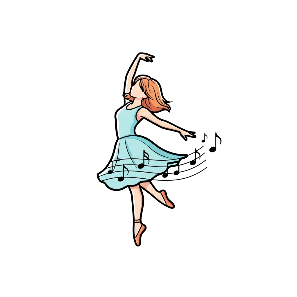 Custom design: A minimalist line art illustration of a girl dancing gracefully with musical notes subtly integrated into her silhoue...