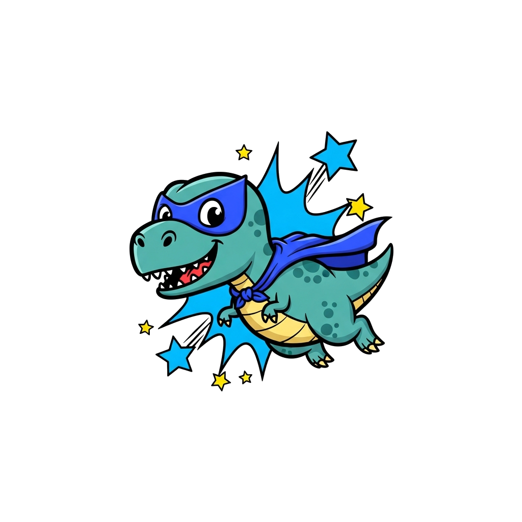 Custom design: A super cute cartoon T-Rex dinosaur, wearing a vibrant blue superhero mask and cape, flying through a bright blue sky...