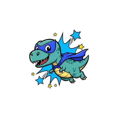 Design: A super cute cartoon T-Rex dinosaur, wearing a vibrant blue superhero mask an...