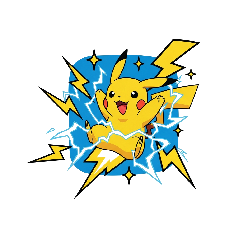 Custom design: A cute, dynamic cartoon illustration of Pikachu mid-thunderbolt, surrounded by bright yellow lightning bolts and play...