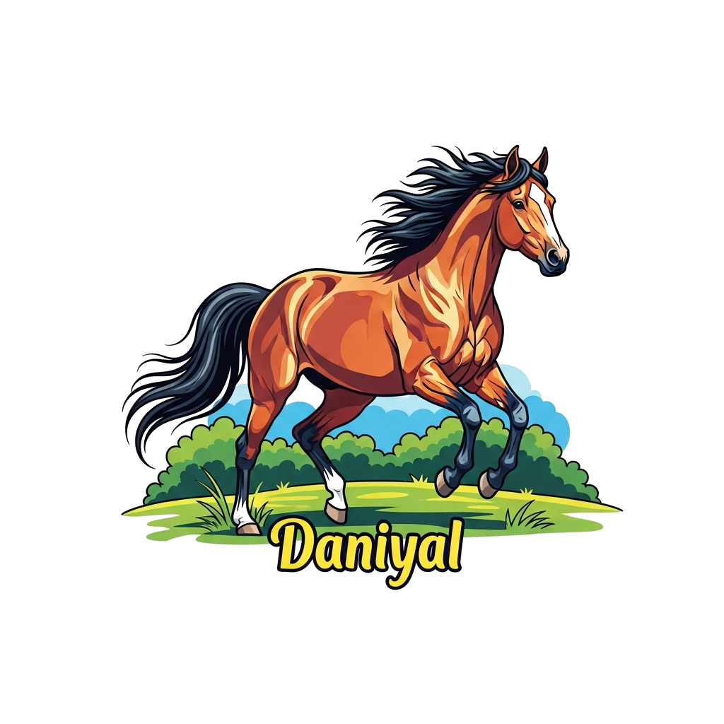 Custom design: A vibrant, realistic illustration of a powerful horse galloping freely through a lush green landscape, its mane and t...