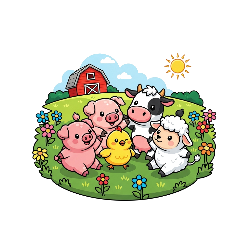 Custom design: A group of adorable, chubby cartoon farm animals (piglet, chick, cow calf, lamb) playing together in a sunny green fi...