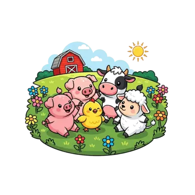 Design: A group of adorable, chubby cartoon farm animals (piglet, chick, cow calf, la...