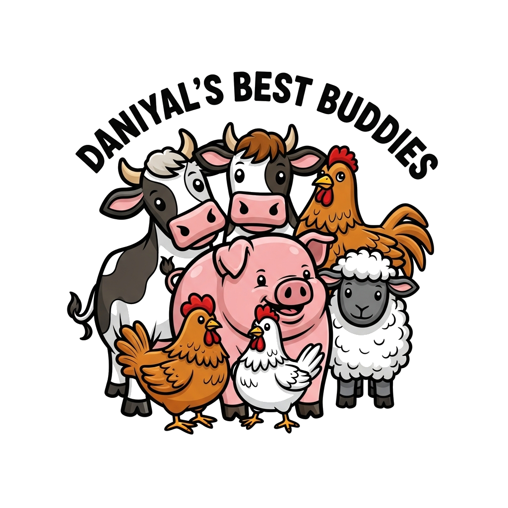 Custom design: A realistic but friendly illustration of a group of farm animals (cow, pig, chicken, sheep) playfully gathered togeth...