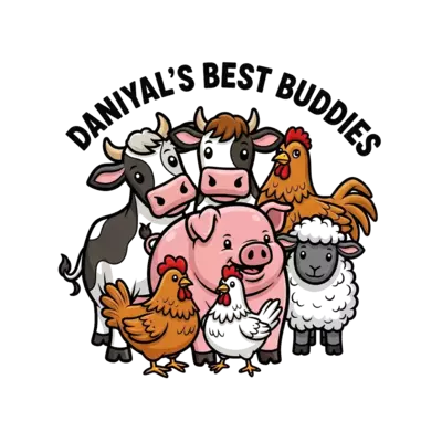Design: A realistic but friendly illustration of a group of farm animals (cow, pig, c...