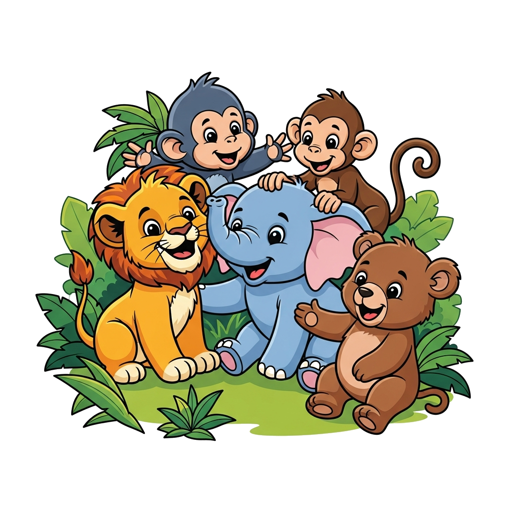 Custom design: A vibrant illustration of a cheerful group of diverse baby animals, including a smiling lion cub, a playful baby elep...