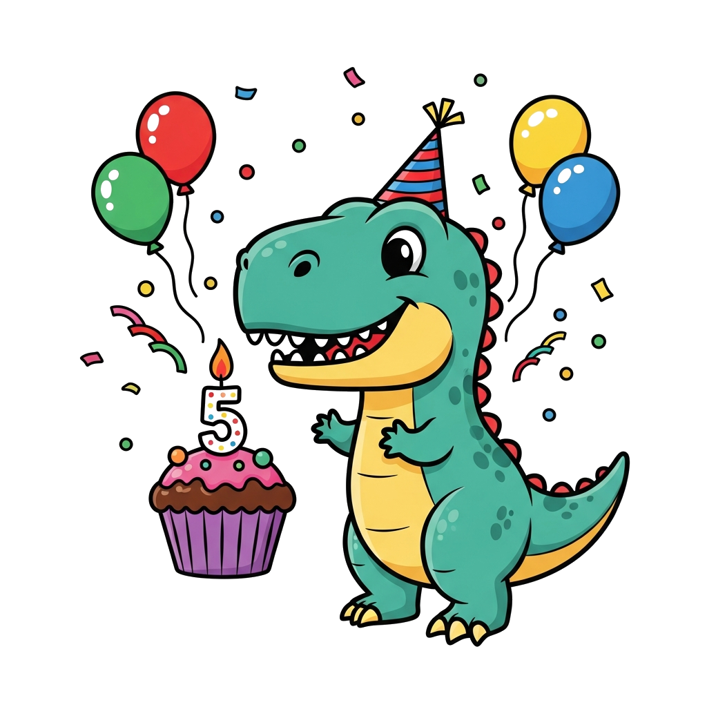 Custom design: A cheerful, cute cartoon T-Rex wearing a tiny party hat and blowing out a single candle on a cupcake with the number ...