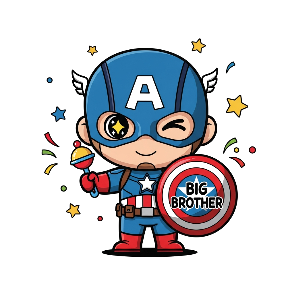 Custom design: A cute cartoon chibi Captain America, with oversized head and sparkling eyes, holding a tiny baby rattle in one hand ...