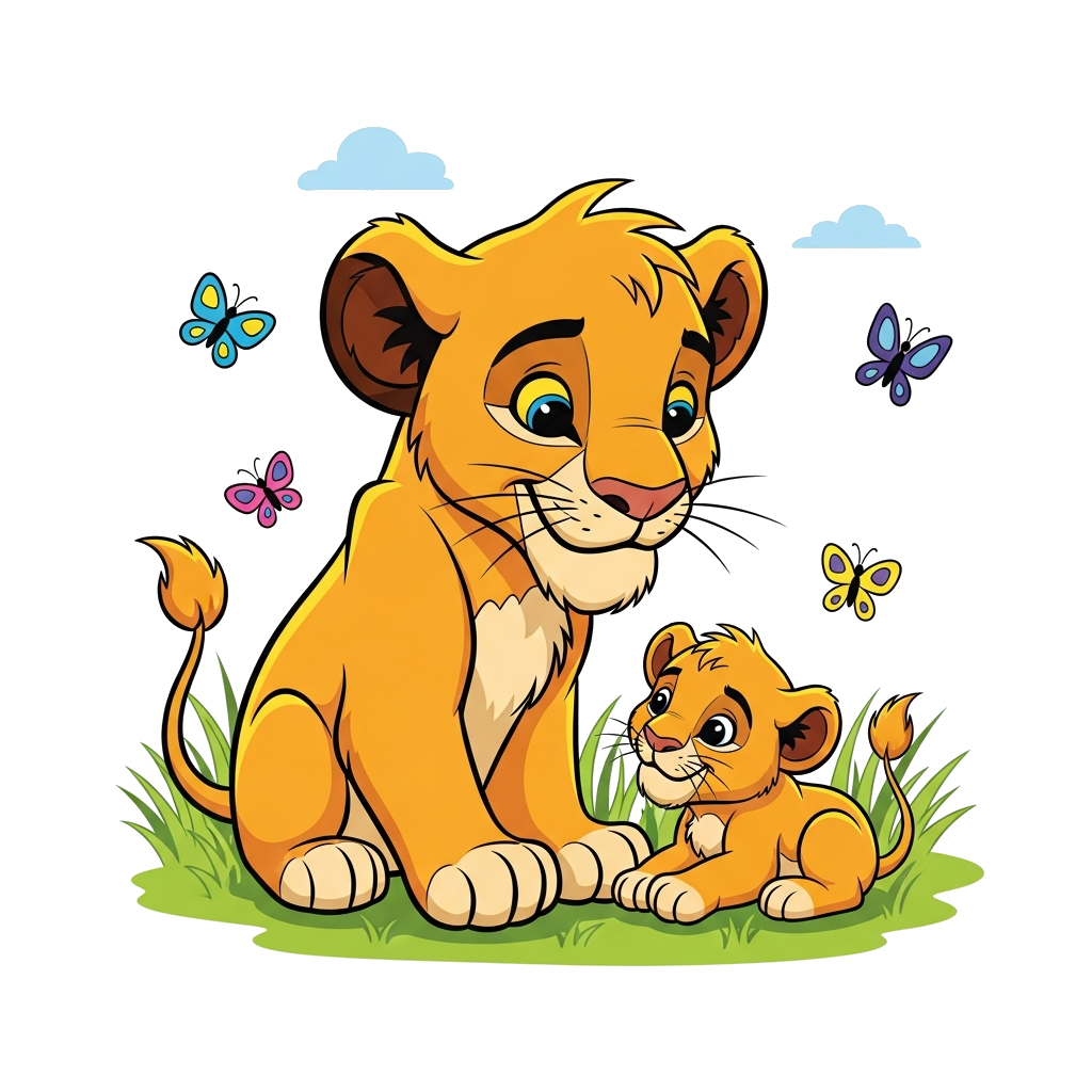 Custom design: A super cute cartoon lion cub, with a proud and gentle smile, playfully looking at a tiny baby lion cub snuggled besi...