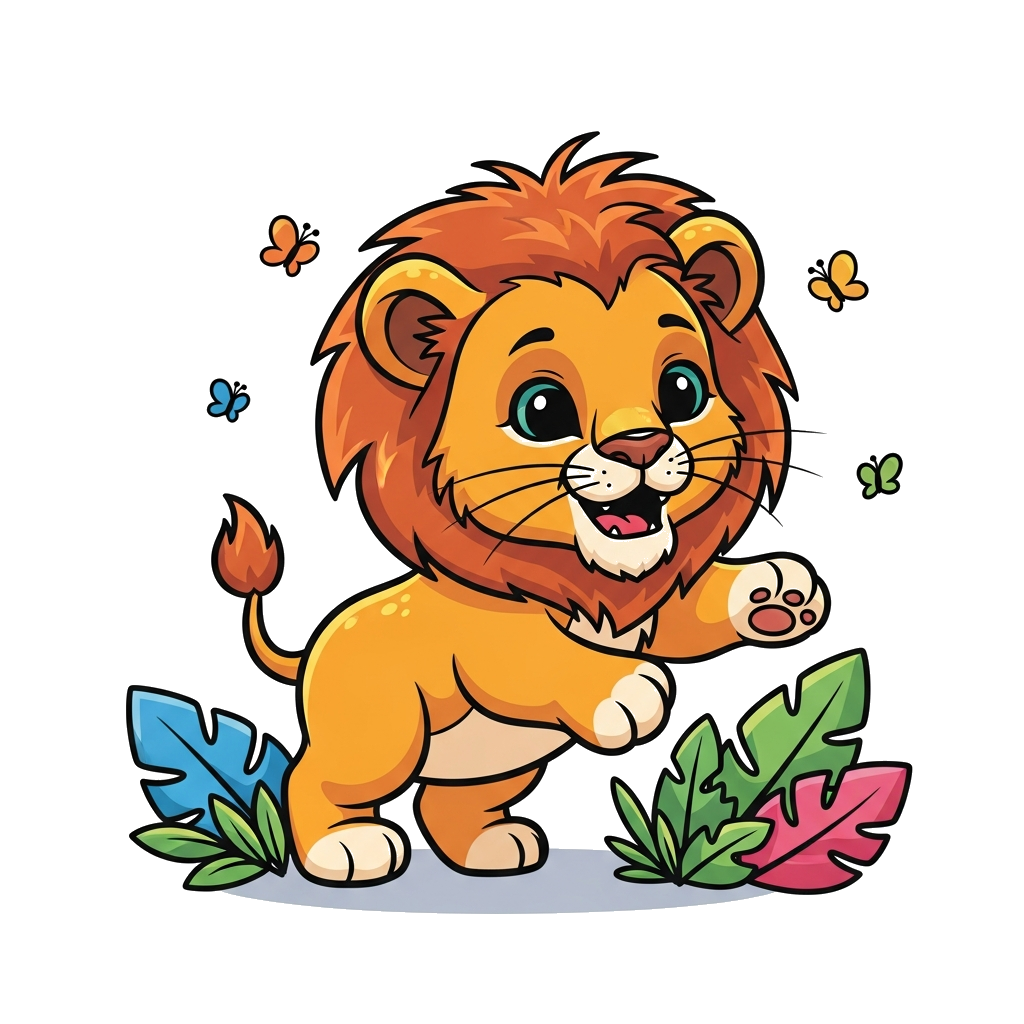 Custom design: A super cute, friendly cartoon baby lion cub with a fluffy mane, playfully pouncing, surrounded by colorful jungle le...