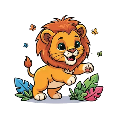 Design: A super cute, friendly cartoon baby lion cub with a fluffy mane, playfully po...