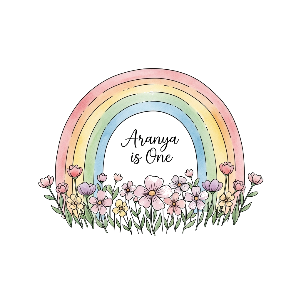 Custom design: A whimsical watercolor illustration of a gentle rainbow arching over a field of soft pastel flowers, with a delicate ...