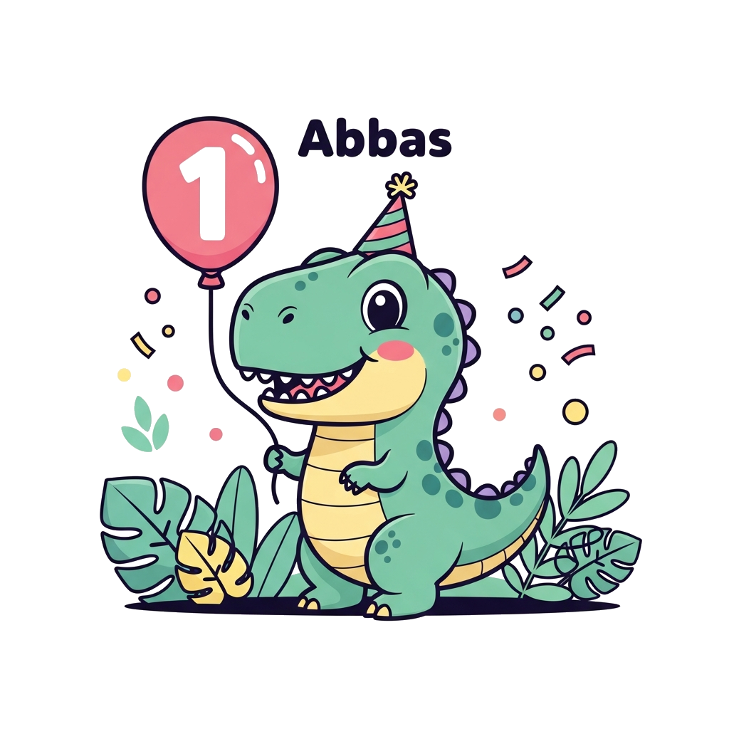 Custom design: A super cute baby T-Rex dinosaur wearing a tiny party hat, happily holding a balloon shaped like the number '1'. The ...