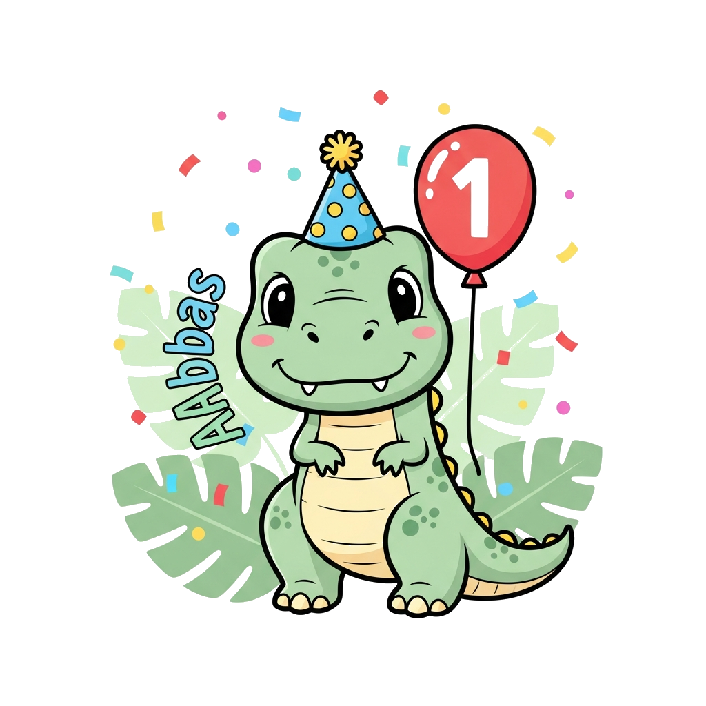 Custom design: A super cute baby T-Rex dinosaur wearing a tiny party hat, happily holding a balloon shaped like the number '1'. The ...