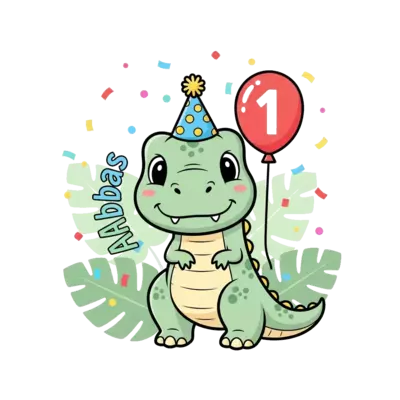Design: A super cute baby T-Rex dinosaur wearing a tiny party hat, happily holding a ...